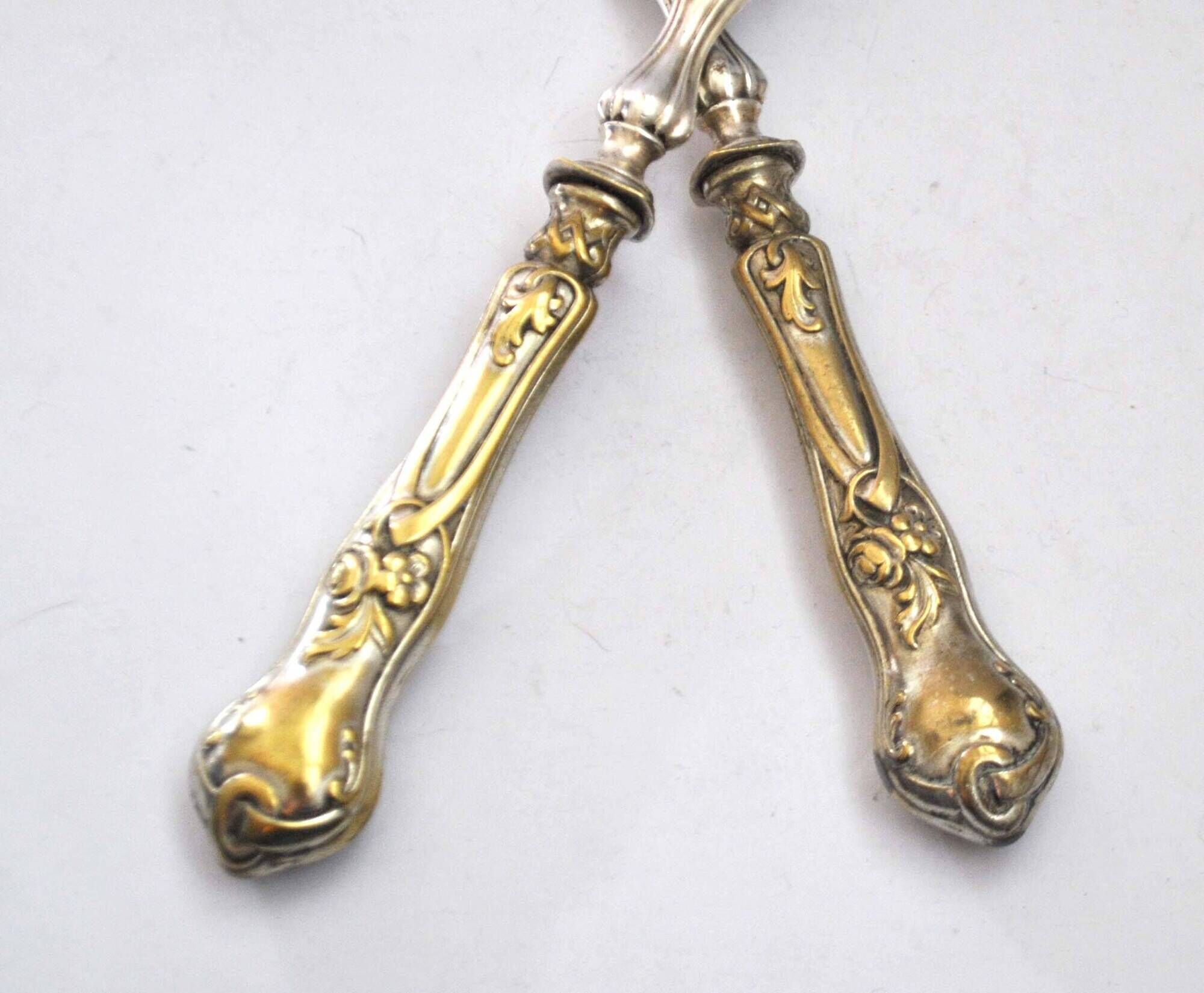 Antique salad server in silver metal and black horn - neoclassical flowered service 19th century.
