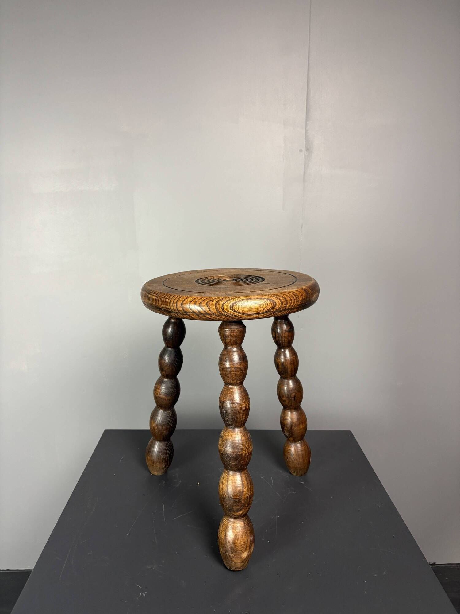 Midcentury bobbin wood turned stool, Charles Dudouyt style, France, 1950s