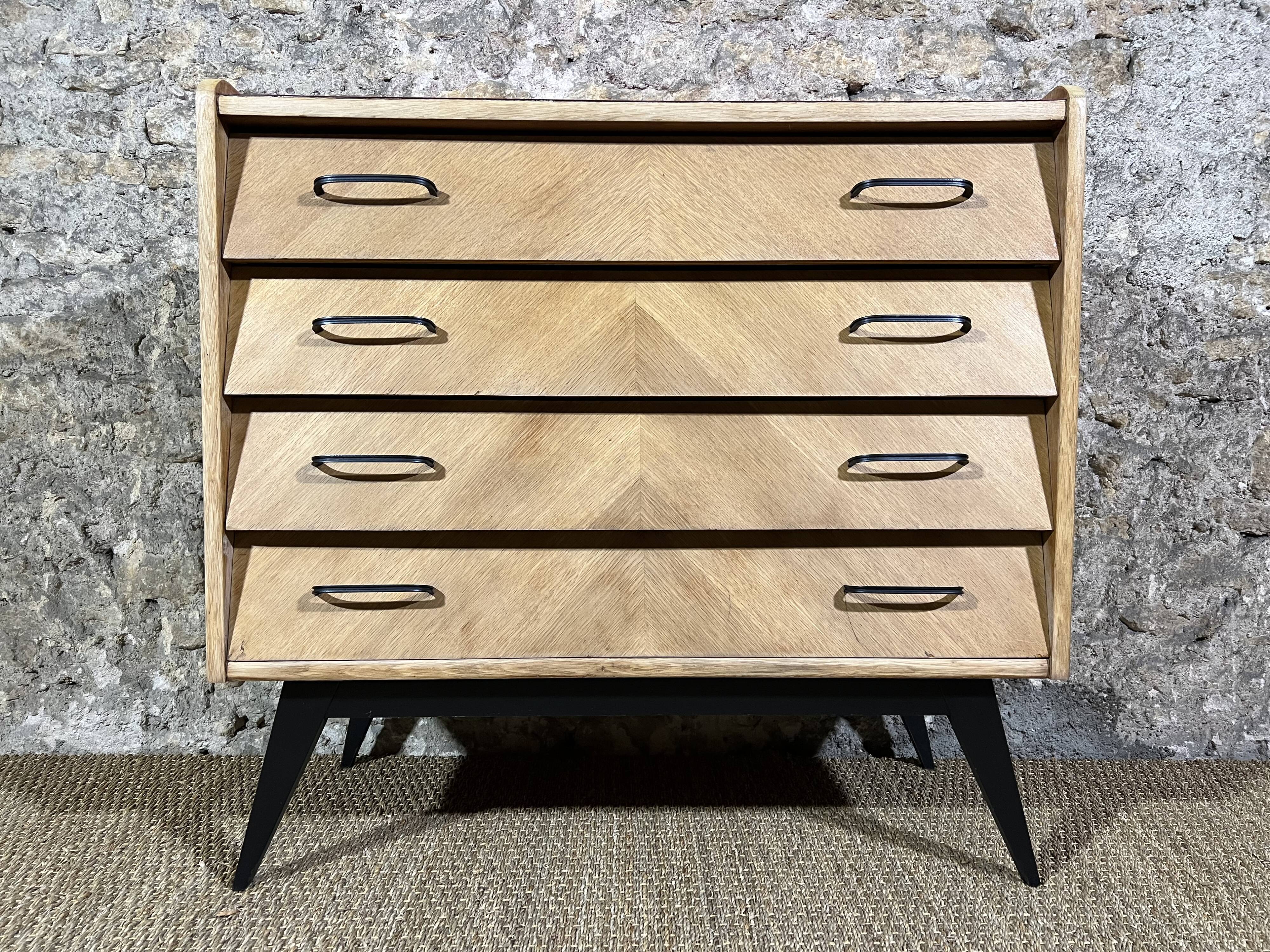 Vintage Chest of Drawers 50's Light Oak Compass Feet 4 Drawers Restyled