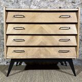 Commode 50's chêne clair pieds compas 4 tiroirs relookée