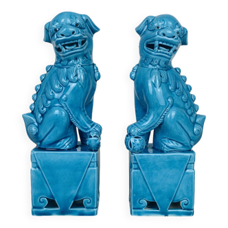 Pair of blue ceramic Fô dogs