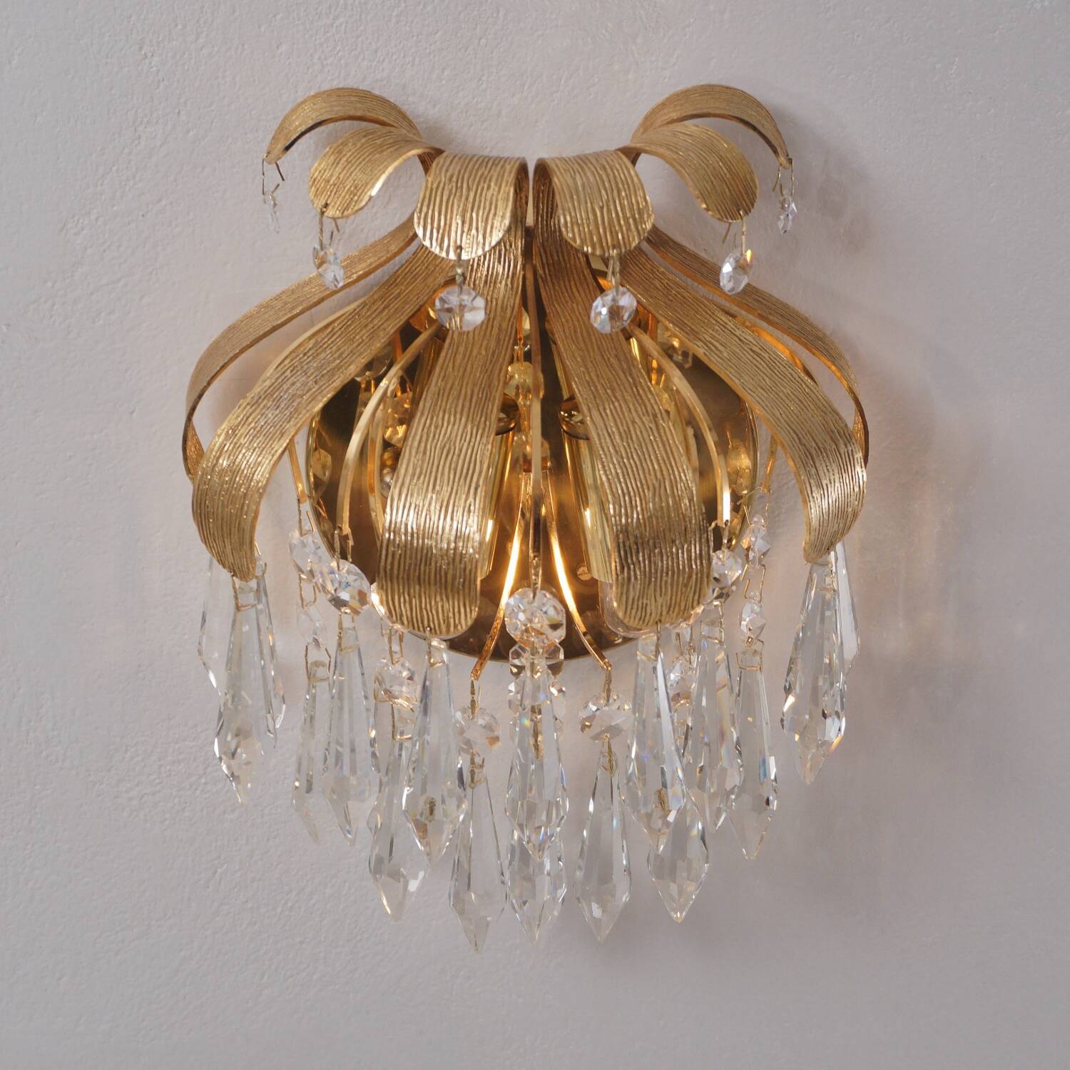Palwa crystal pair wall lights sconces by Ernst Palme, brass pineapple, 1960`s, German