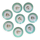 Set of 8 flat plates from the 50s-60s, turquoise rim and bird pattern.
