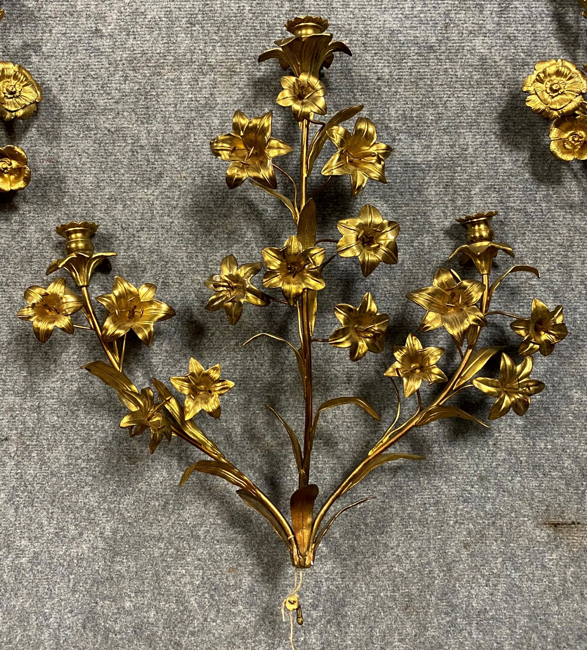 Triptych of gilded bronze sconces decorated with flowers Napoleon III period