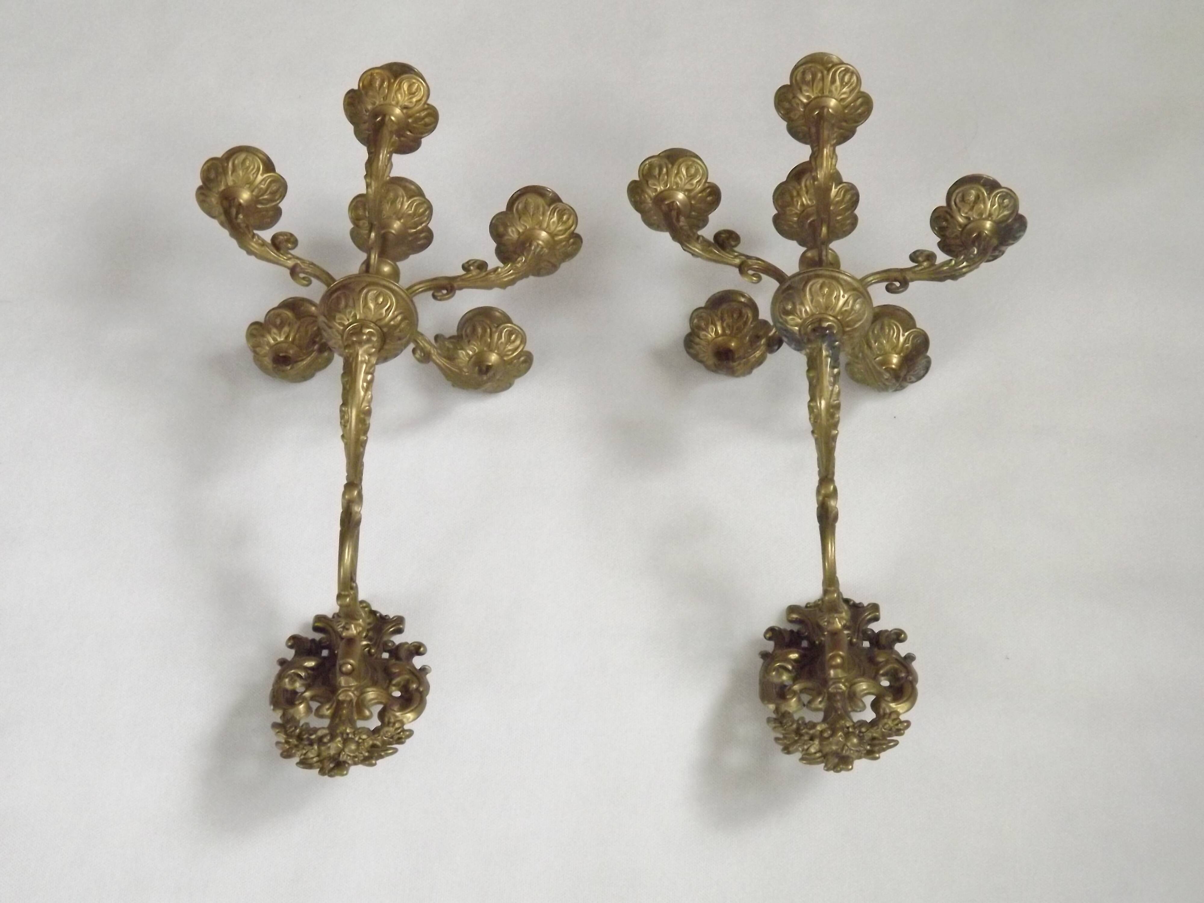 Pair Early 20th Century Rococo Revival Brass 5 Light Candle Wall Sconces