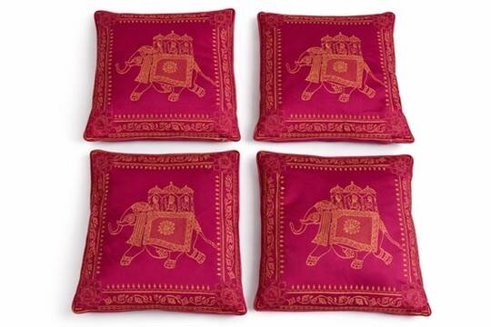Set of 4 embroidered cushions with golden pink fuchsia elephant – 42x42 cm – front and back