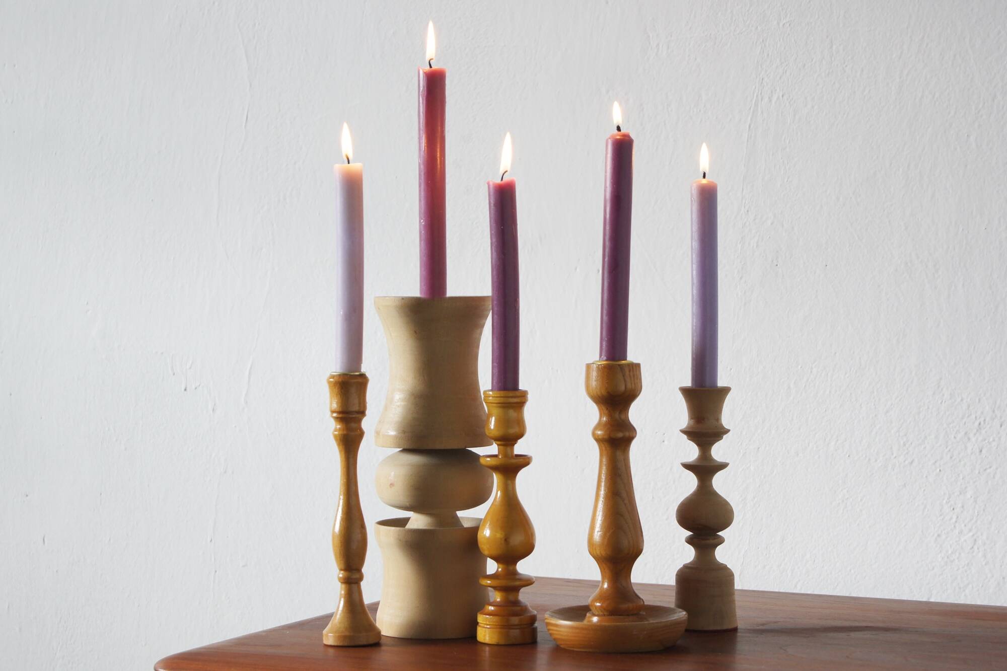 Scandinavian Wooden Candleholders, Set of 5