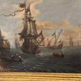 "View of a Busy Port" Oil on Canvas and its Frame, 18th Century