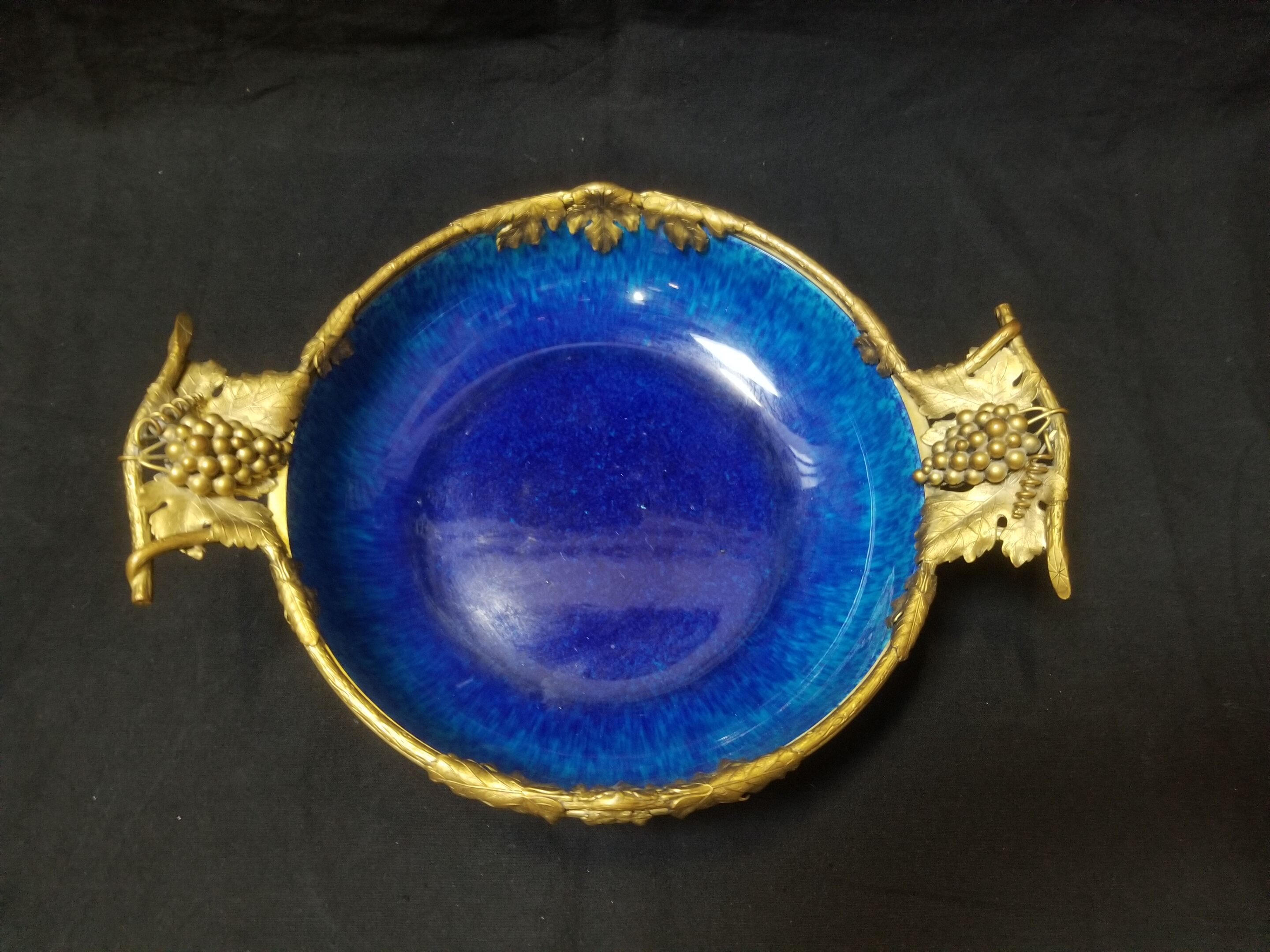 Cobalt blue fruit cup in Sèvres Porcelain and Bronze signed Paul Milet
