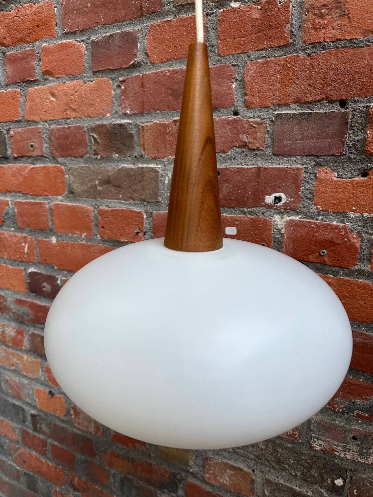Louis Kalff opaline and teak suspension