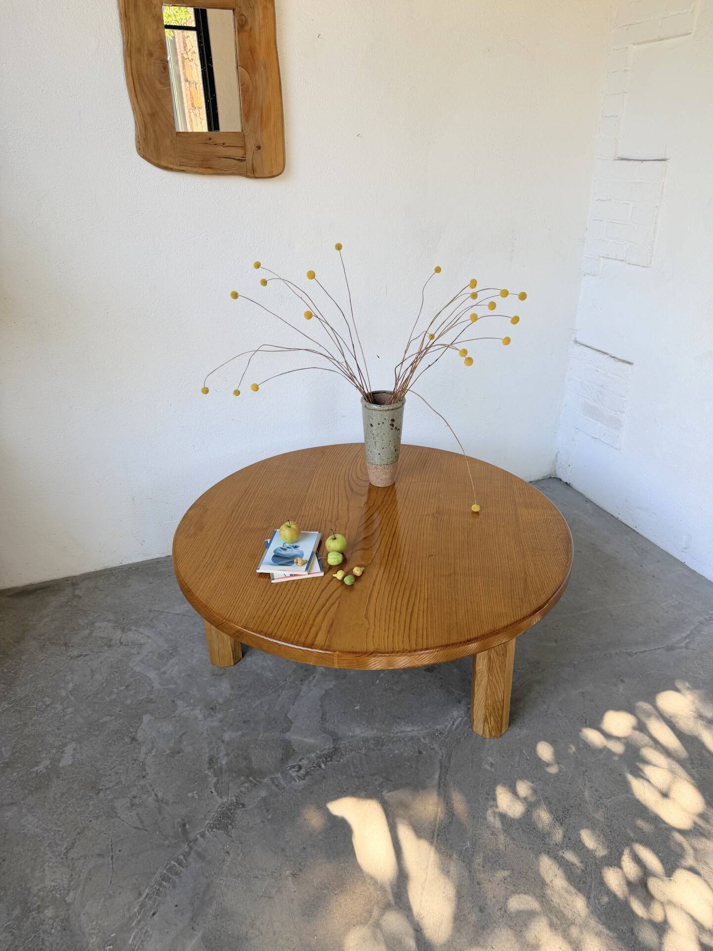 1950s round tripod oak coffee table