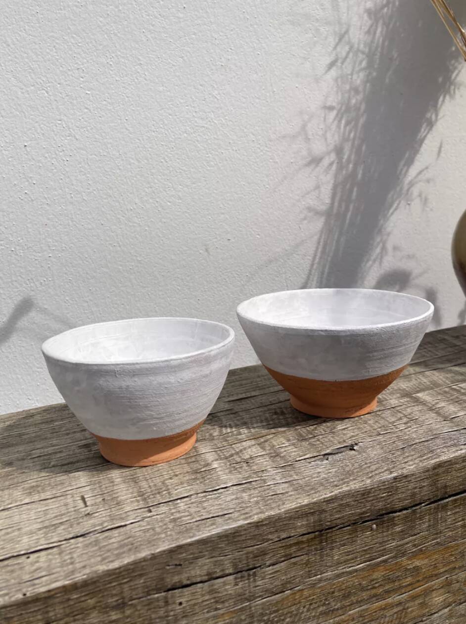 Duo of white ceramic pottery bowls wabi sabi