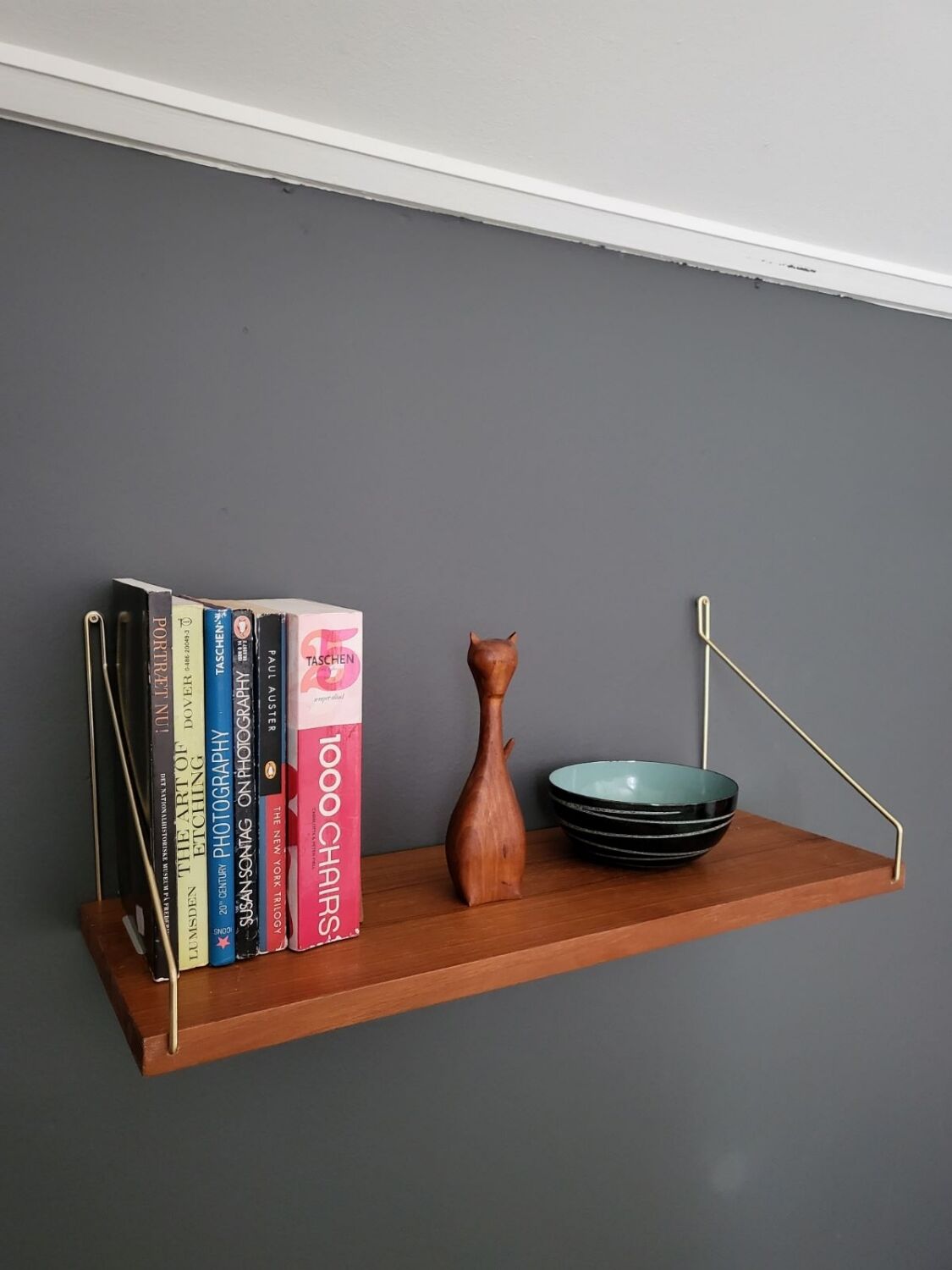 Teak and brass shelf, vintage scandinavian 1960s
