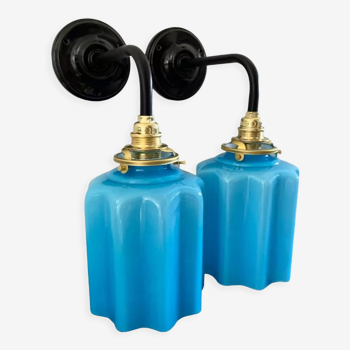 Pair of art deco turquoise blue wall lights