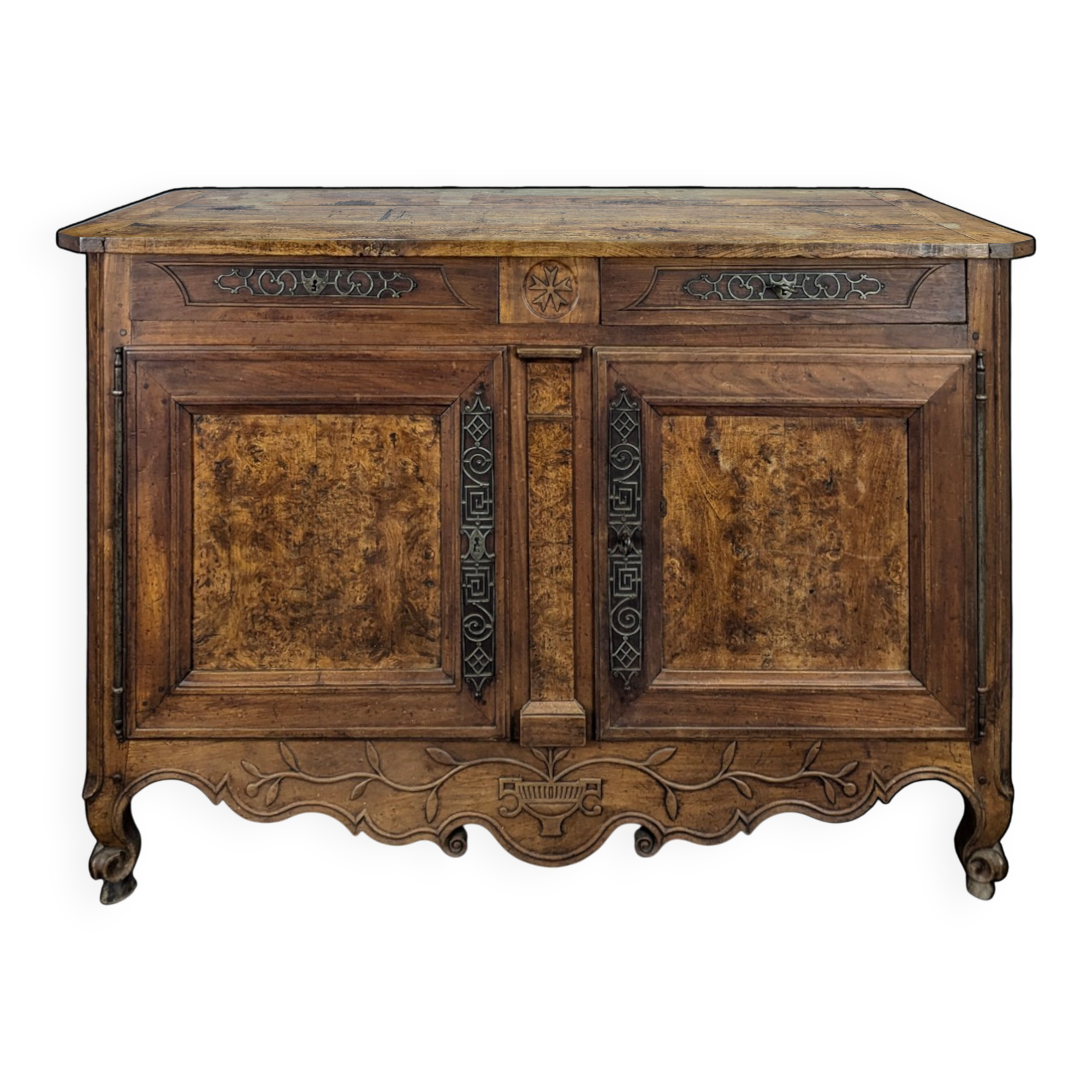 Louis XV-style buffet in walnut and burl with openwork fittings.