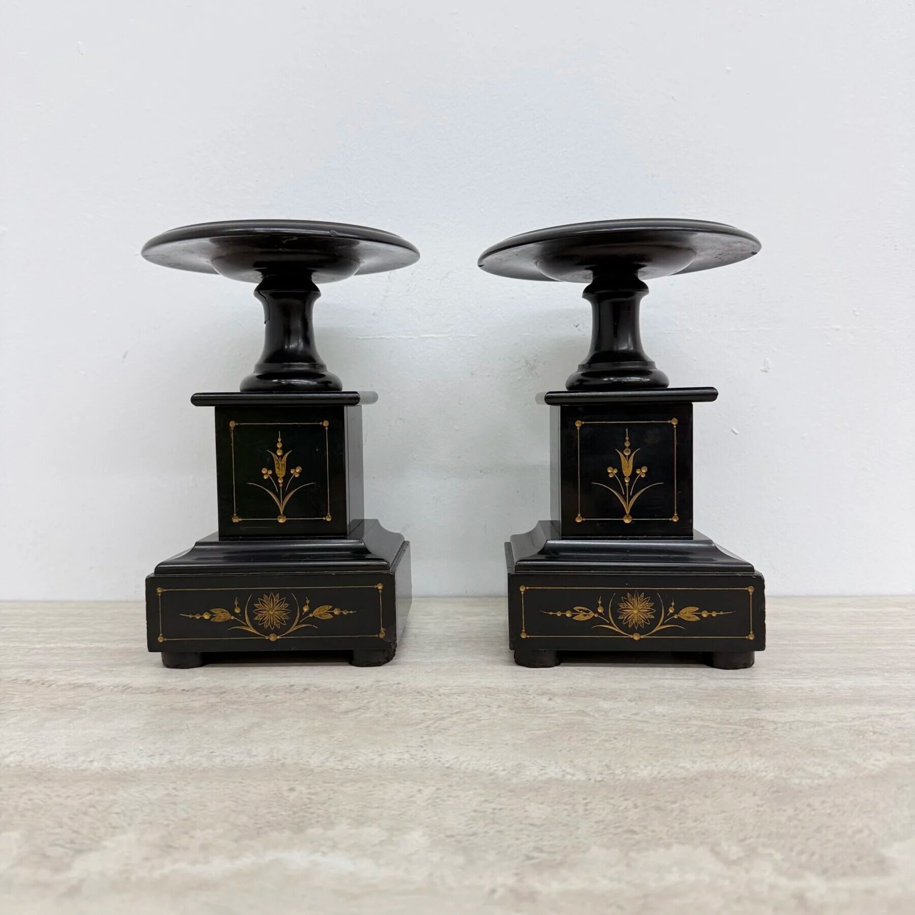 Antique French black marble cassoulets gilt decor pedestals neoclassical pair, 1900s