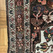 Antique handmade Hamadan Persian rug, ivory medallion on dark background 148x103.