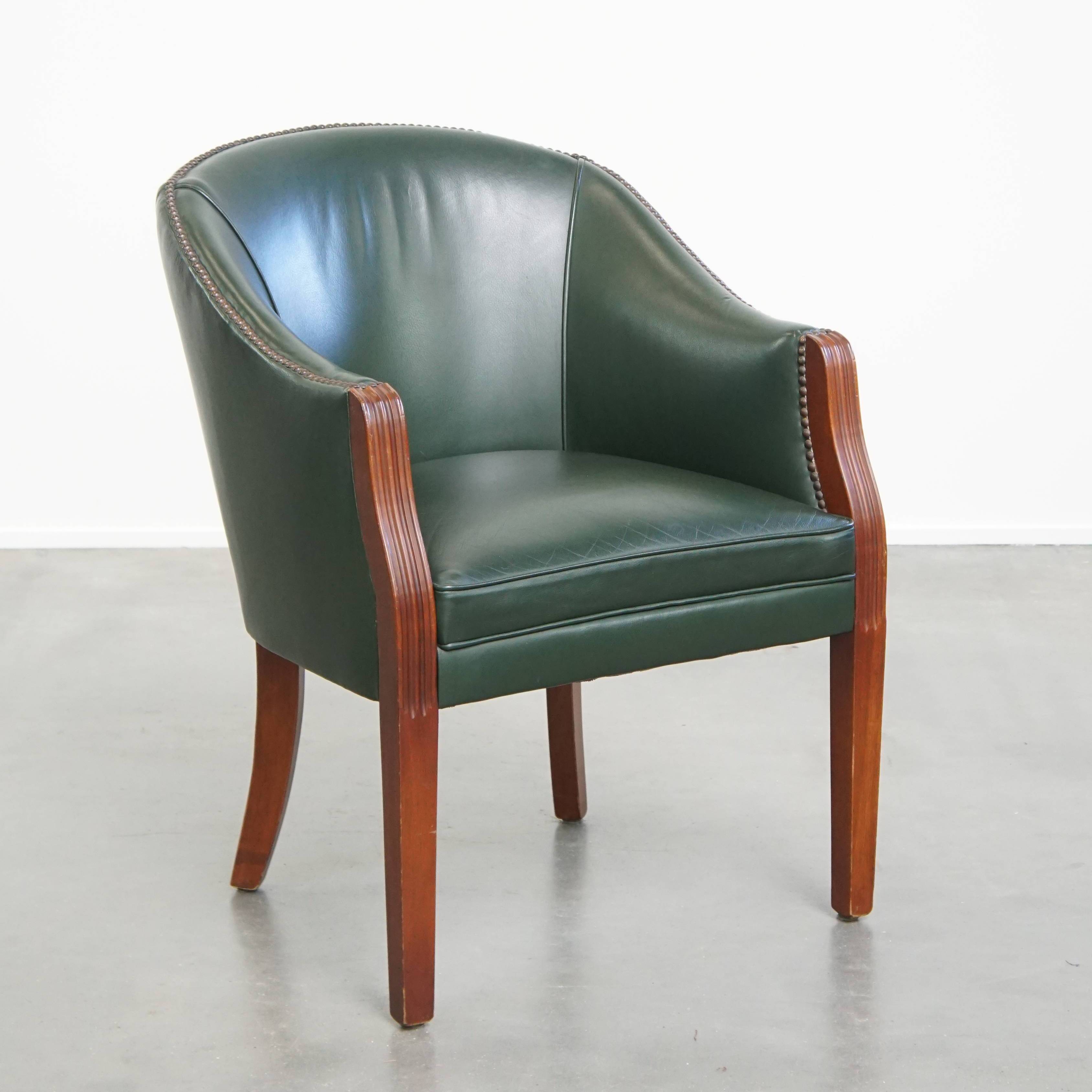 Green Cowhide Leather and Wooden Side / Dining / Desk Chair