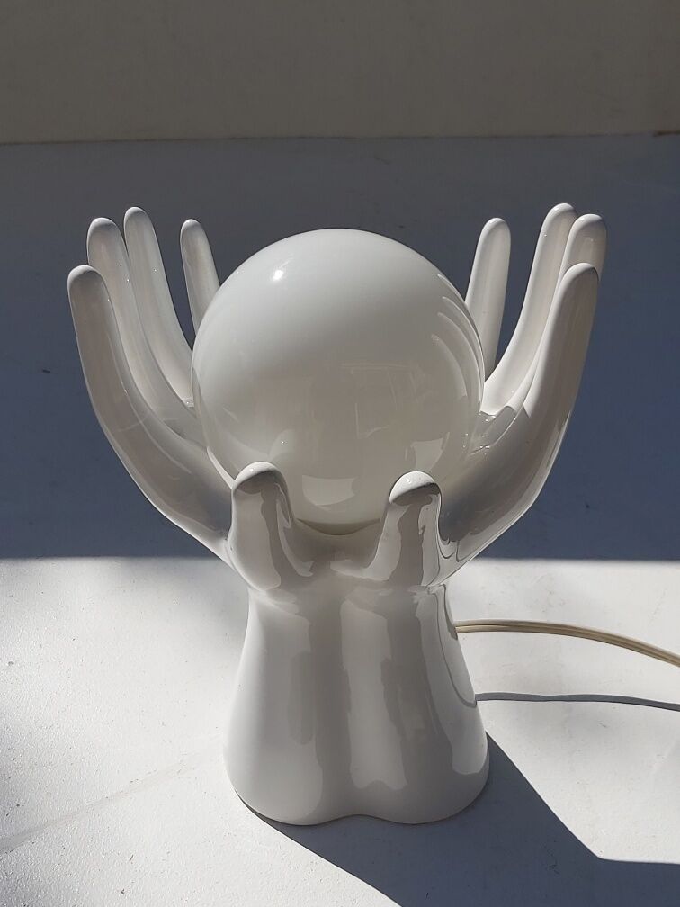 White ceramic hand lamp opaline ball 70s