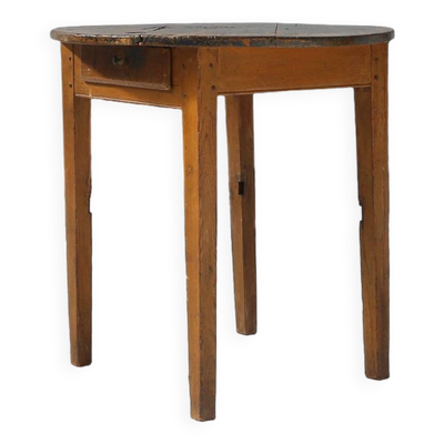 Table d'appoint ronde française en chêne avec plateau bleu et belle patine, ca. 1850