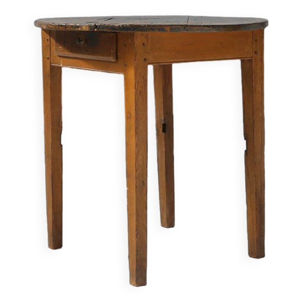 Table d'appoint ronde française en chêne avec plateau bleu et belle patine, ca. 1850