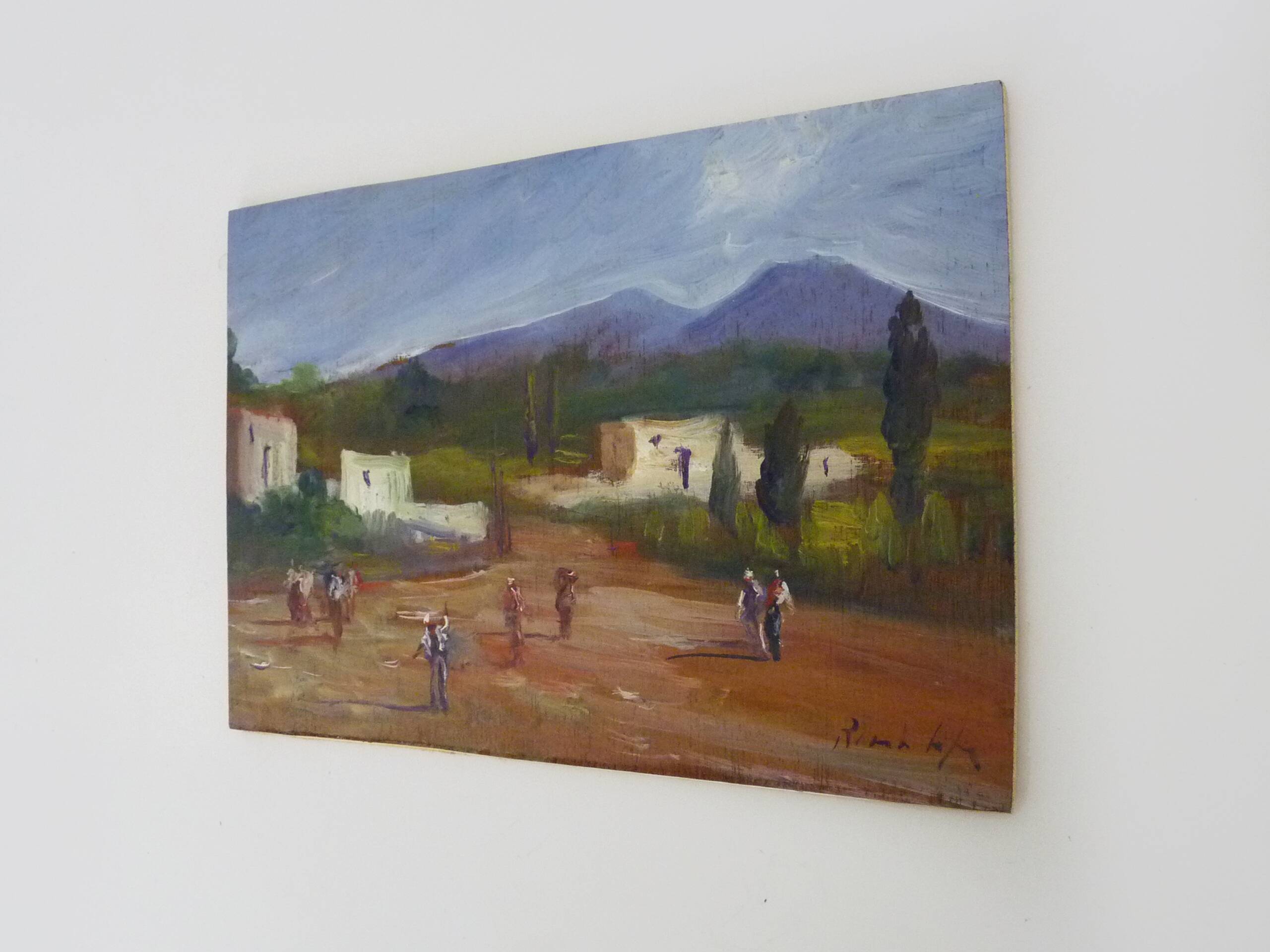 Oil on wood by Riccardo Capone Village Italy 50s 60s