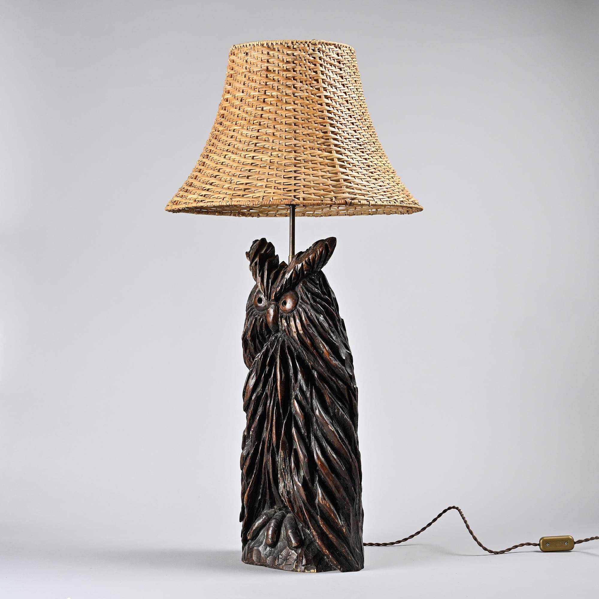 Owl table lamp in carved wood by BEAL, circa 1970.
