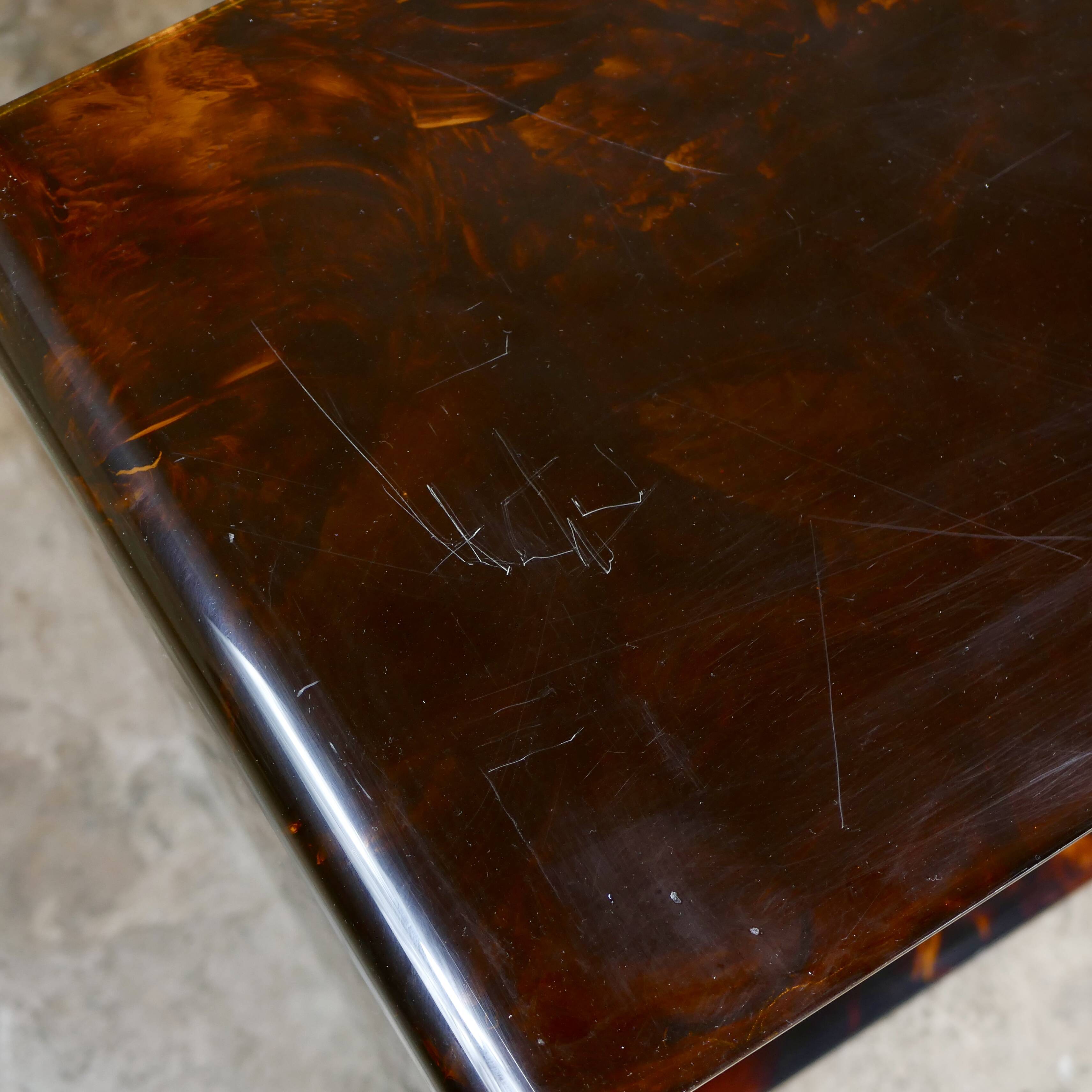 Tortoiseshell plexi side table on casters