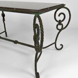 Coffee table in patinated wrought iron and black marble, circa 1940