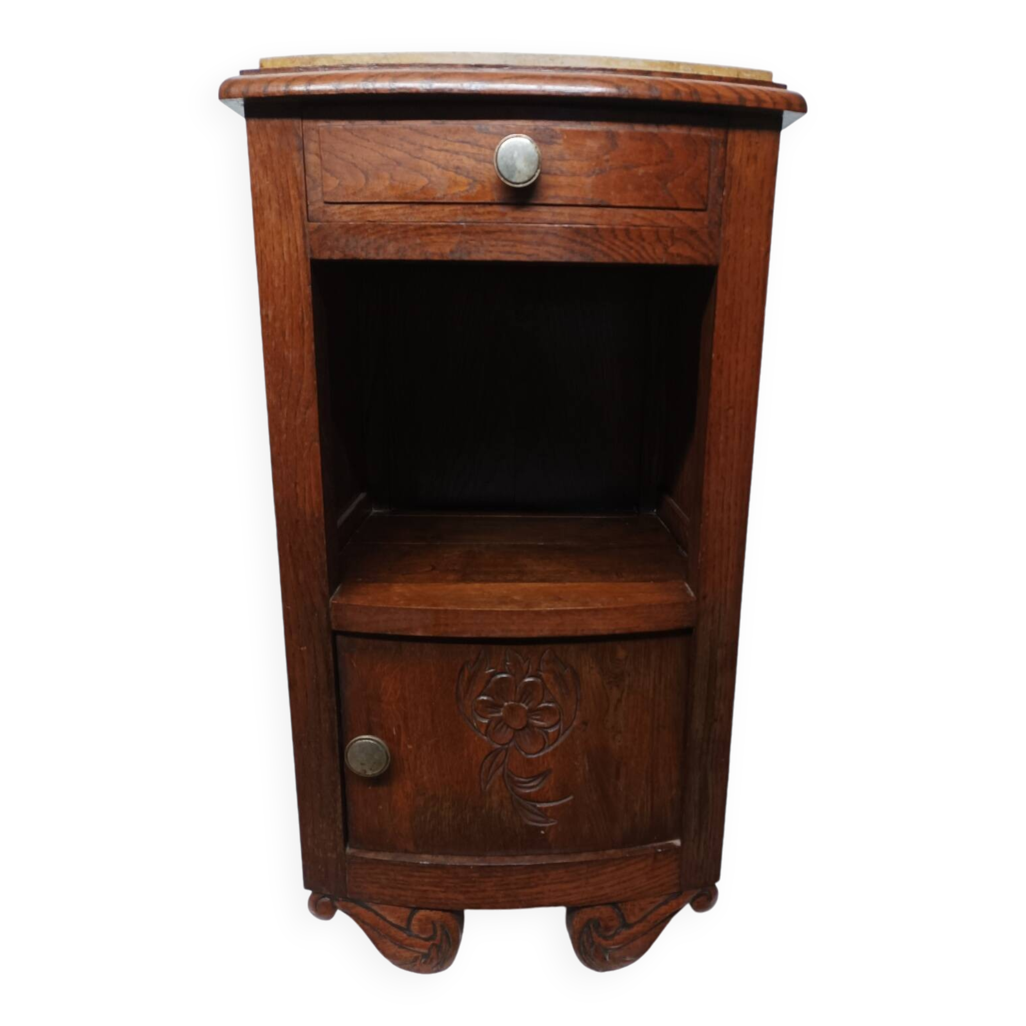 Ancienne table de nuit en bois et marbre