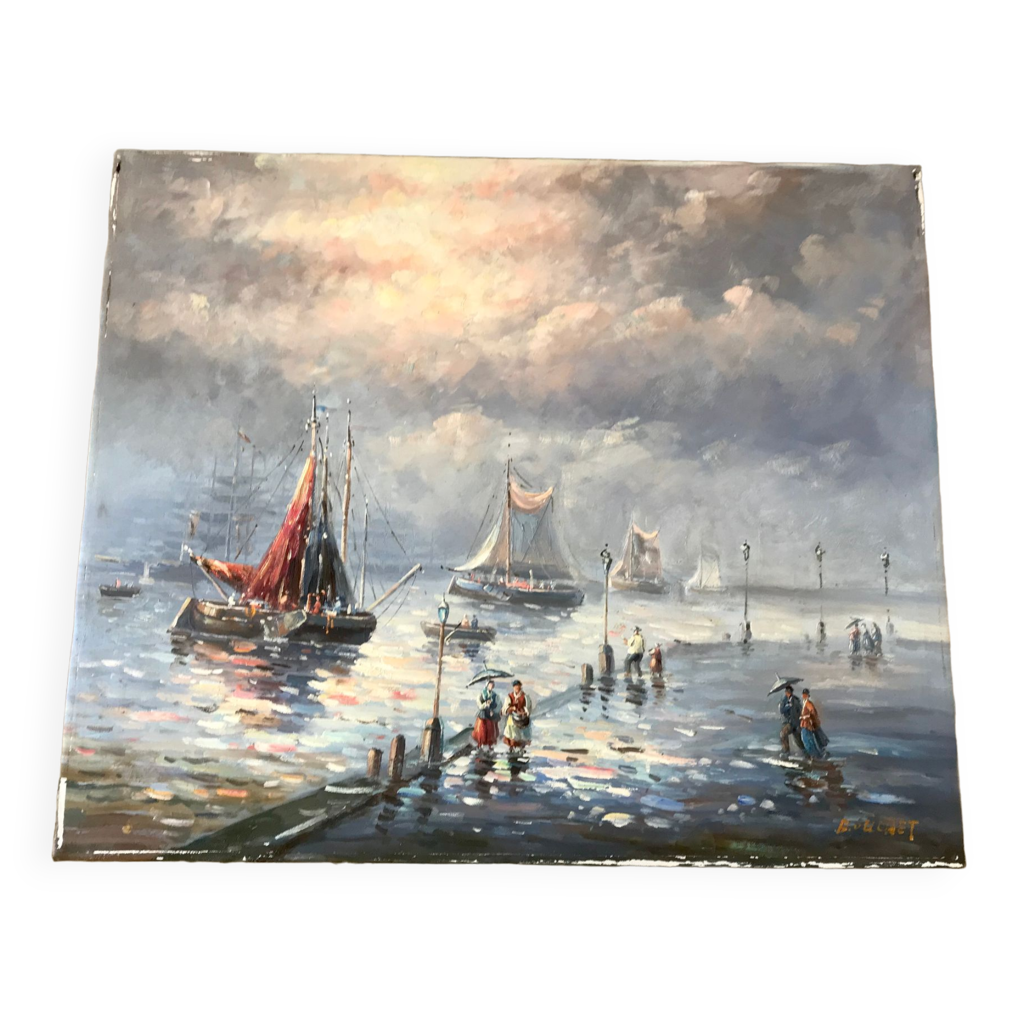 Painting seascape sailboats signed vintage