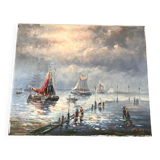 Painting seascape sailboats signed vintage