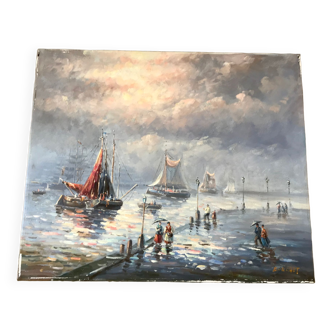 Painting seascape sailboats signed vintage