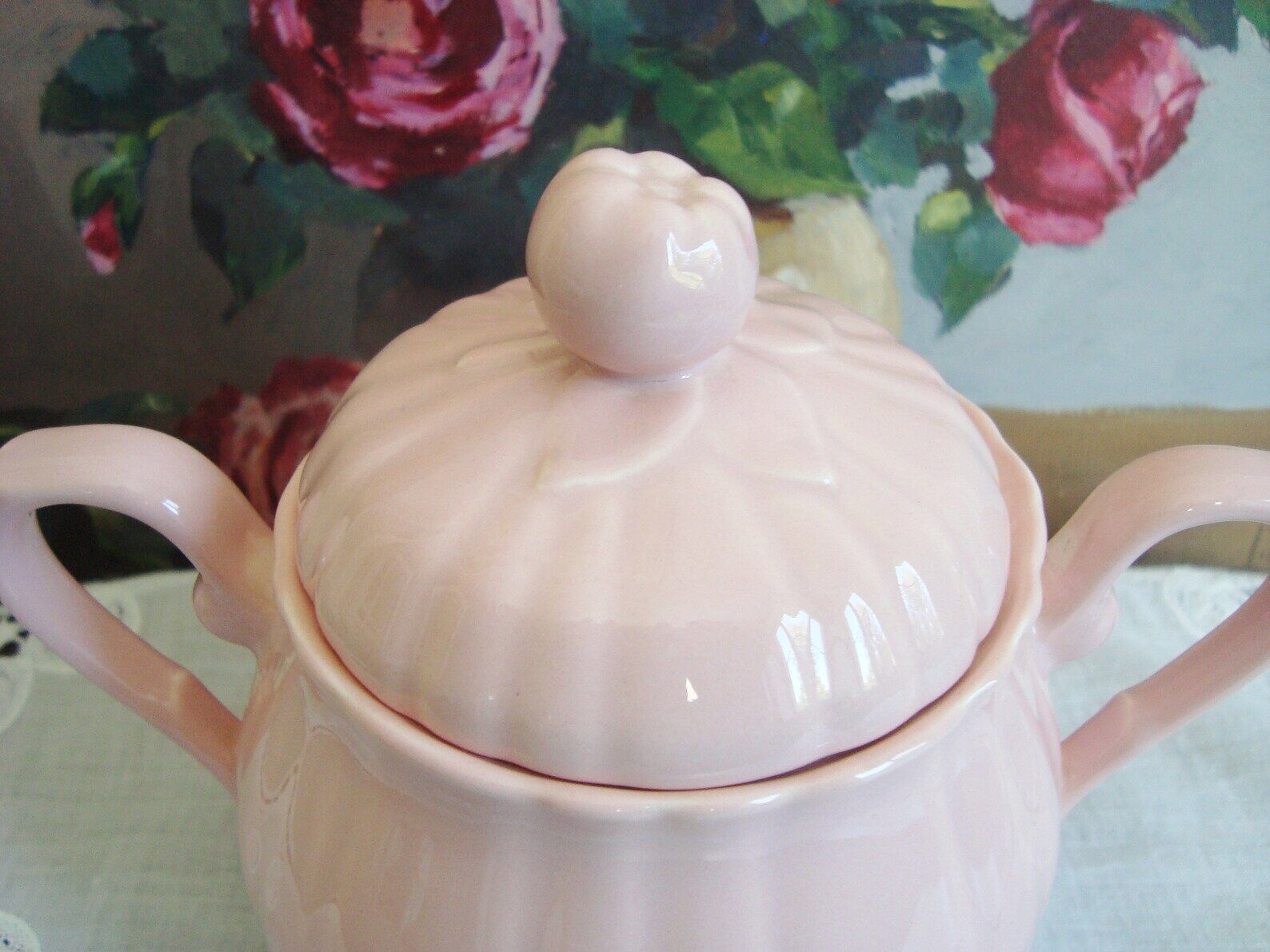 Vintage pink ceramic sugar bowl made by Salins France