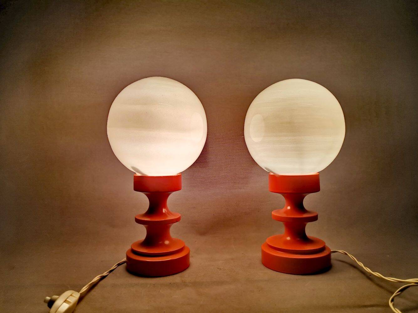 Pair orange painted wood opaline glass tabel lamps