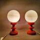 Pair orange painted wood opaline glass tabel lamps