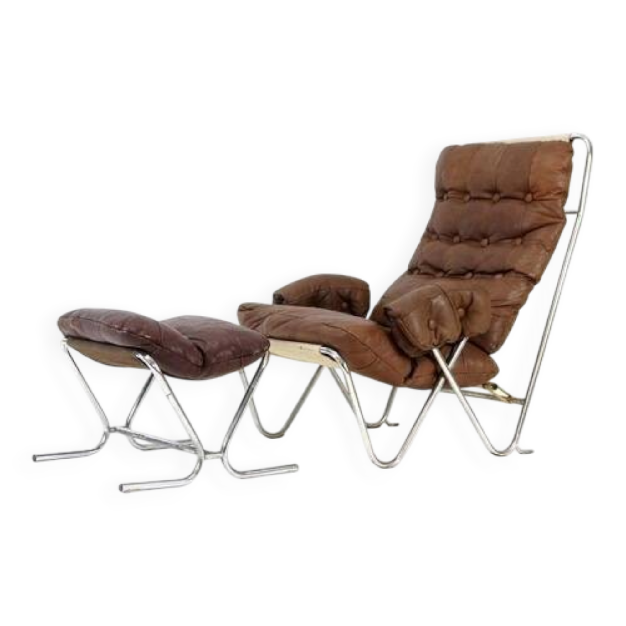 Retro Vintage Danish Leather Chrome Sling Lounge Easy Chair Armchair + Stool 70s