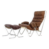 Retro Vintage Danish Leather Chrome Sling Lounge Easy Chair Armchair + Stool 70s