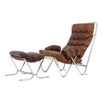 Fauteuil de salon suspendu en cuir danois vintage rétro chrome + repose-pieds années 70