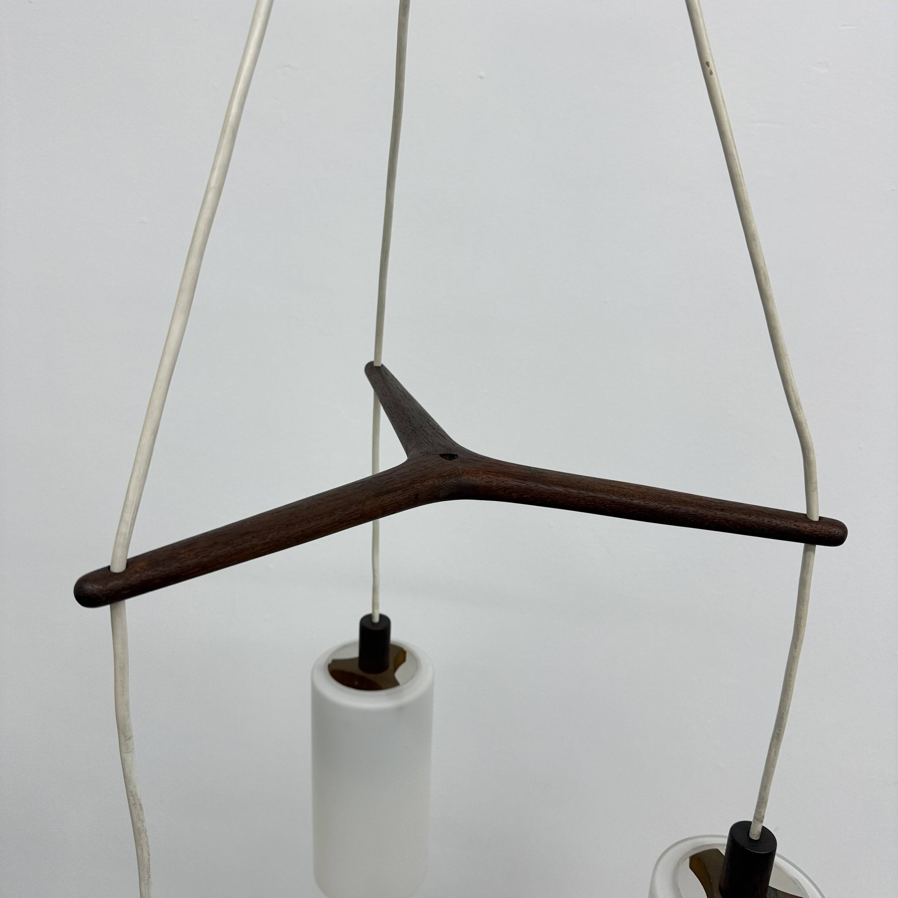 Mid-century design pendant lamp teak and opaline glass, 1970s