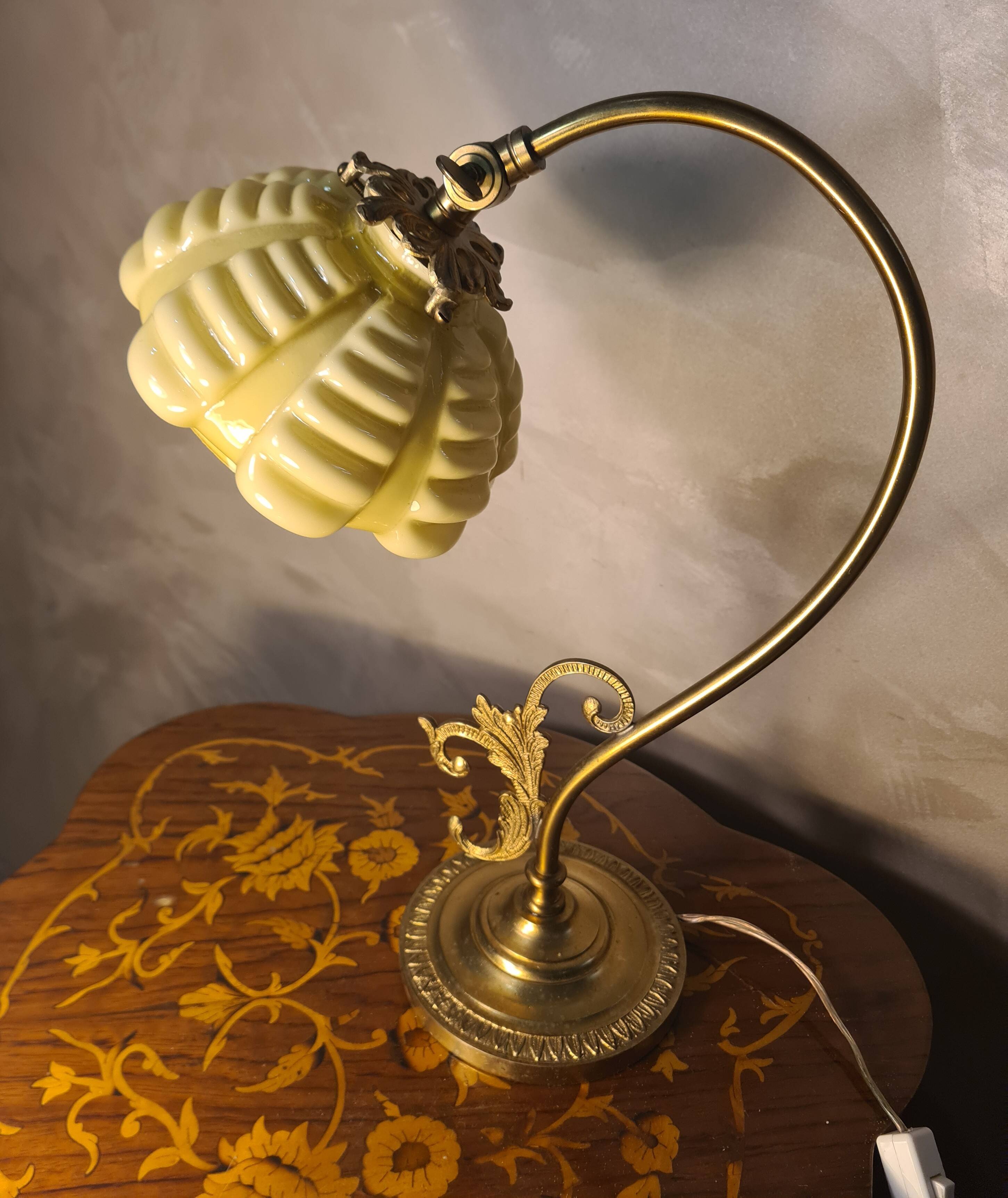 Bronze and brass lamp, opaline shade, 1950.