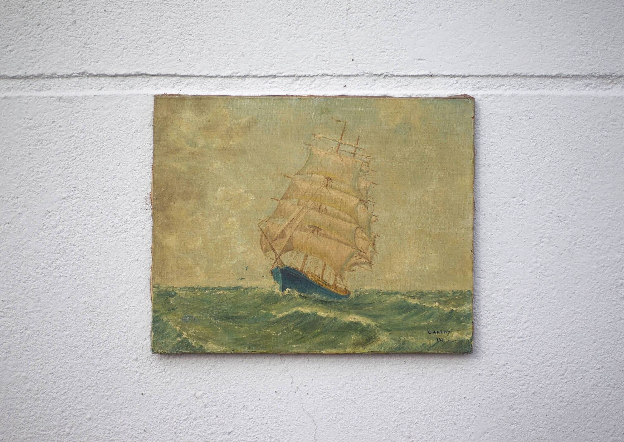 Signed marine painting, oil painting, ship at sea, wall decoration, 40's