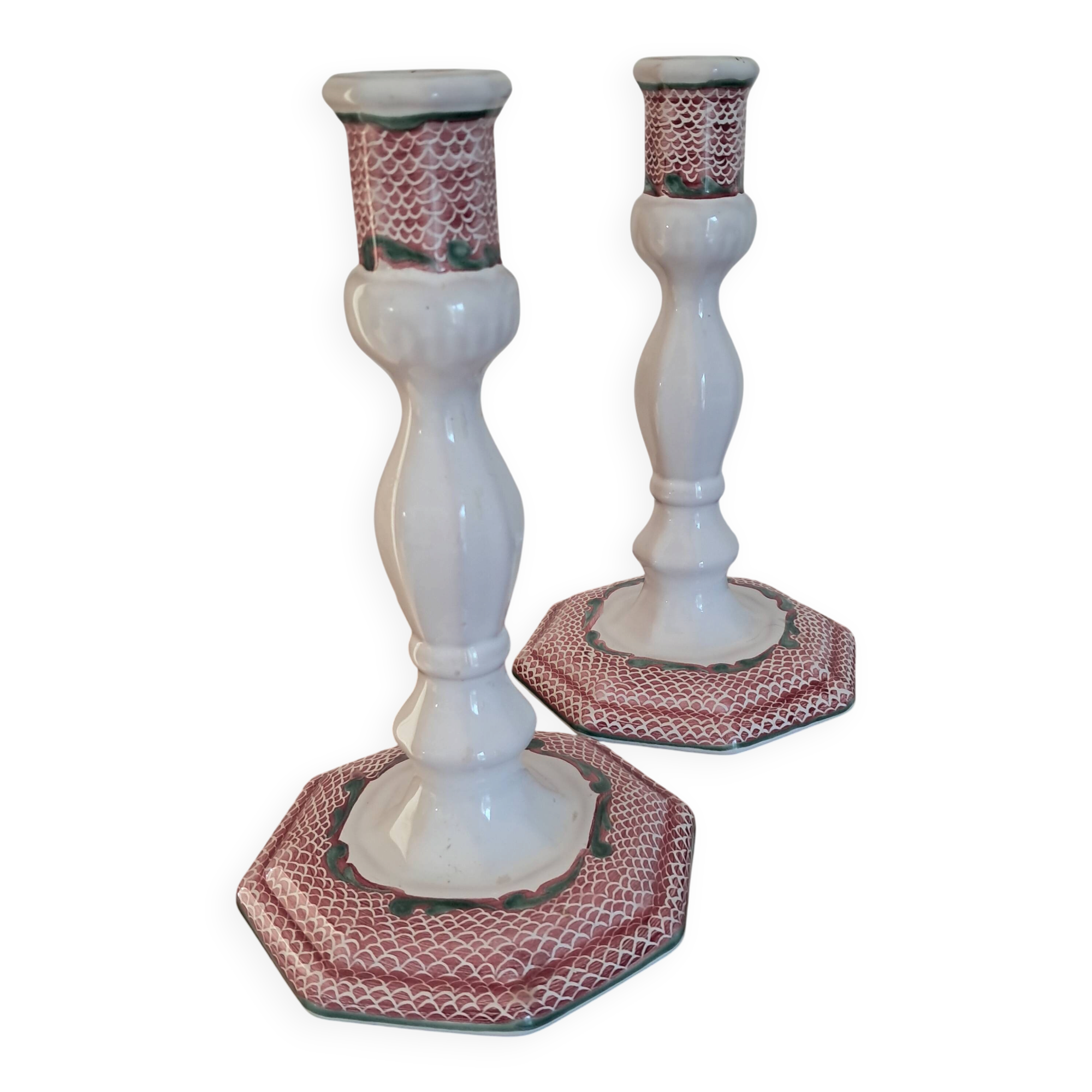 Pair of earthenware candlesticks Moustiers – Atelier Ségriès (hand-painted)