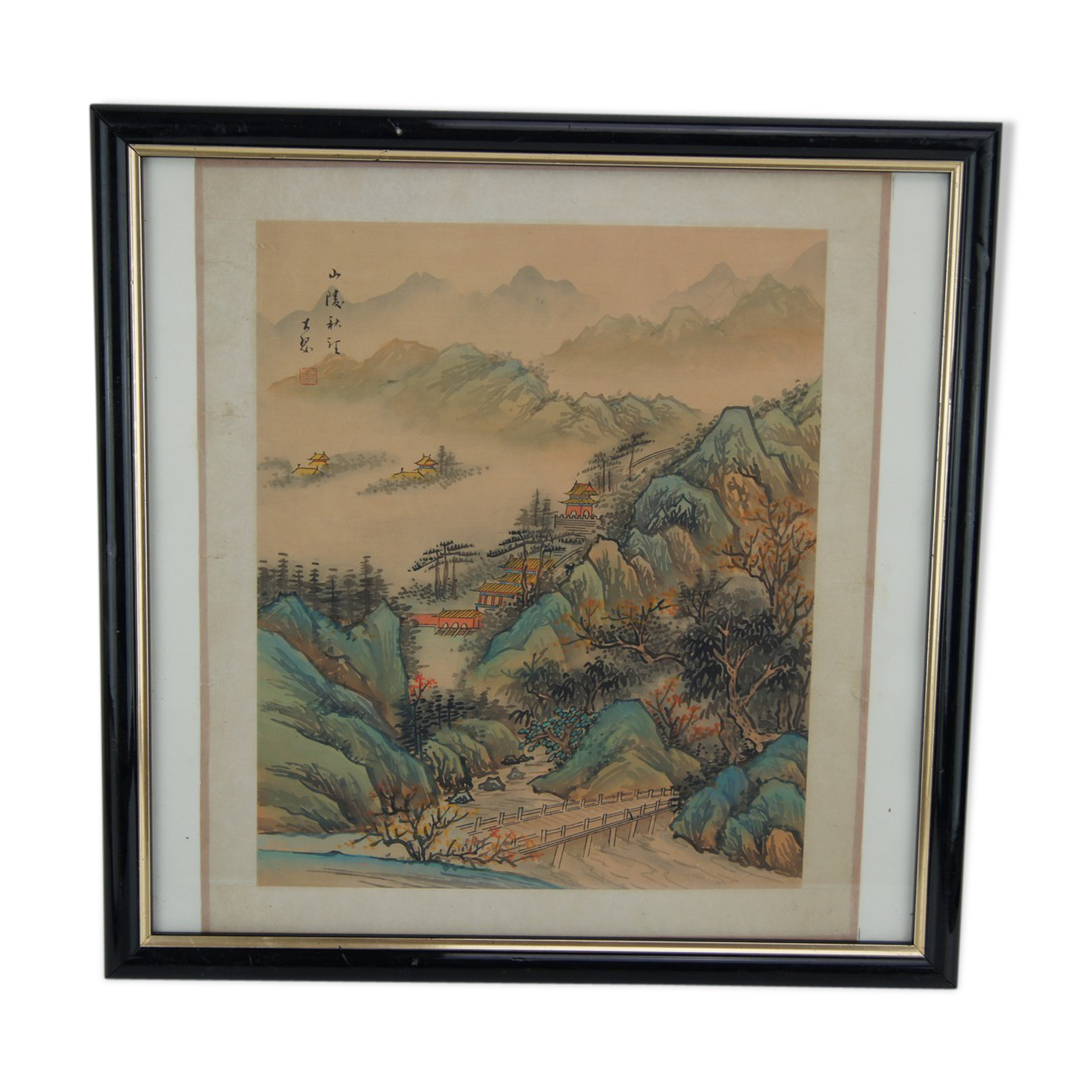 Ancient painting on fabric, asian landscape, with frame 40 x 39.5 cm