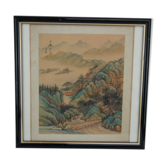 Ancient painting on fabric, asian landscape, with frame 40 x 39.5 cm