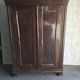 Armoire double ancienne en bois marron, 2 portes et 1 tiroir, corniche & pilastres