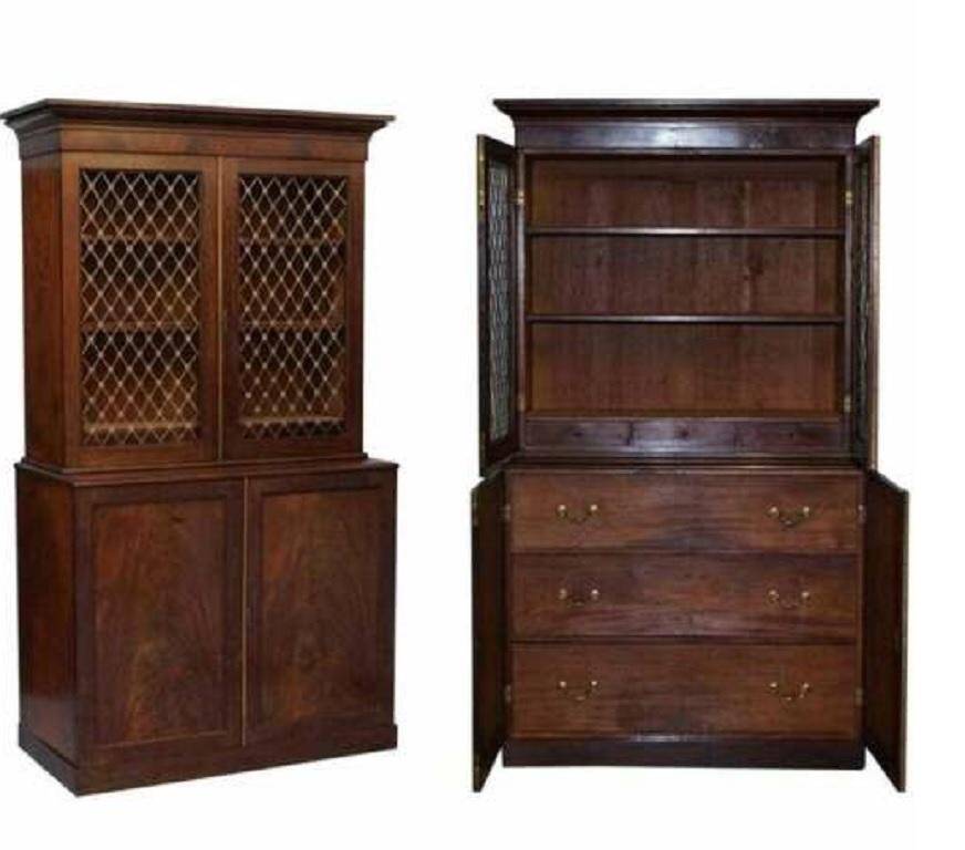 Bibliothèque 19ème siècle en bois dur avec portes en métal bronzé et commode