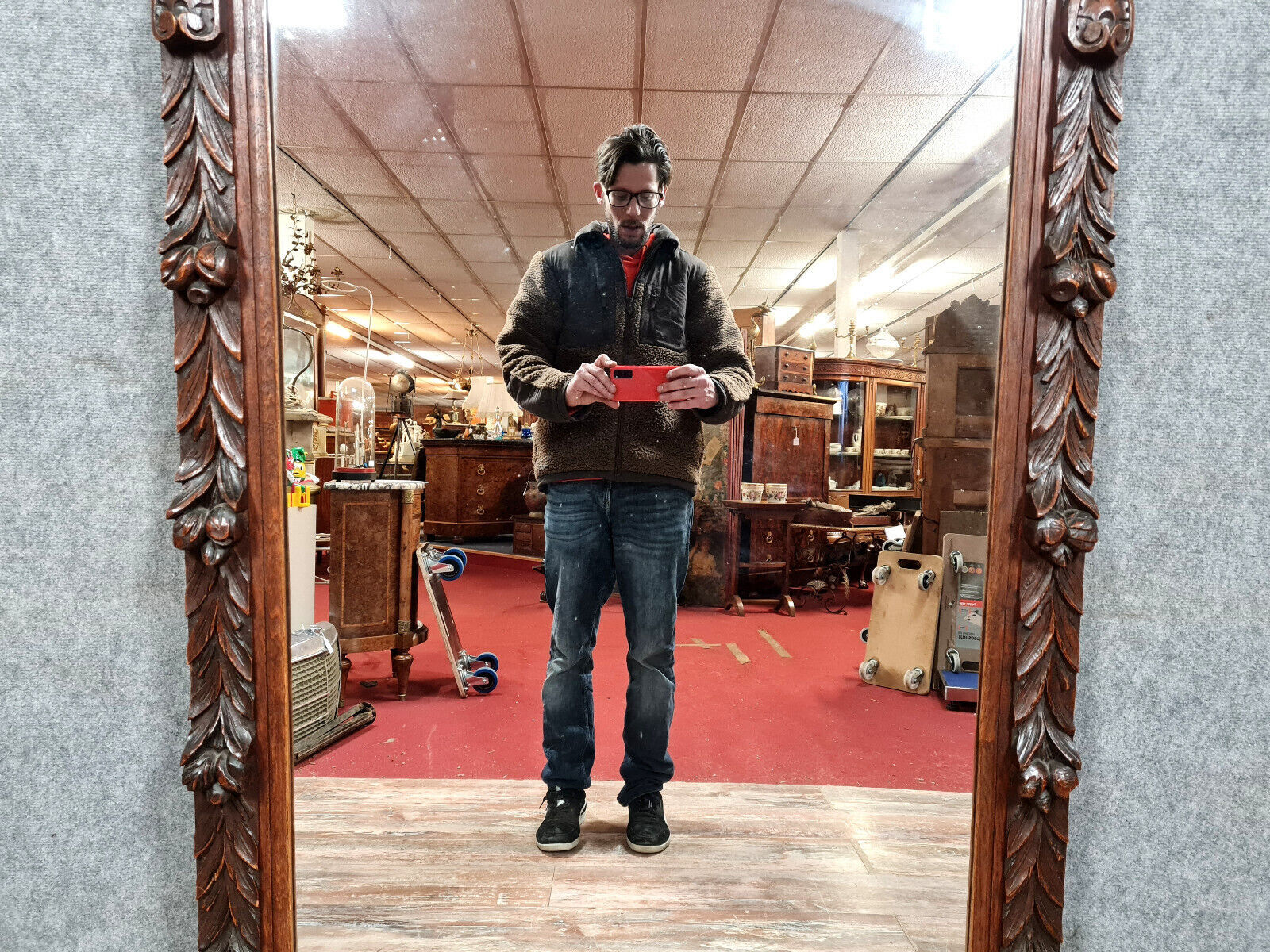 Renaissance mirror in solid oak with brown patina circa 1850, 165x97 cm
