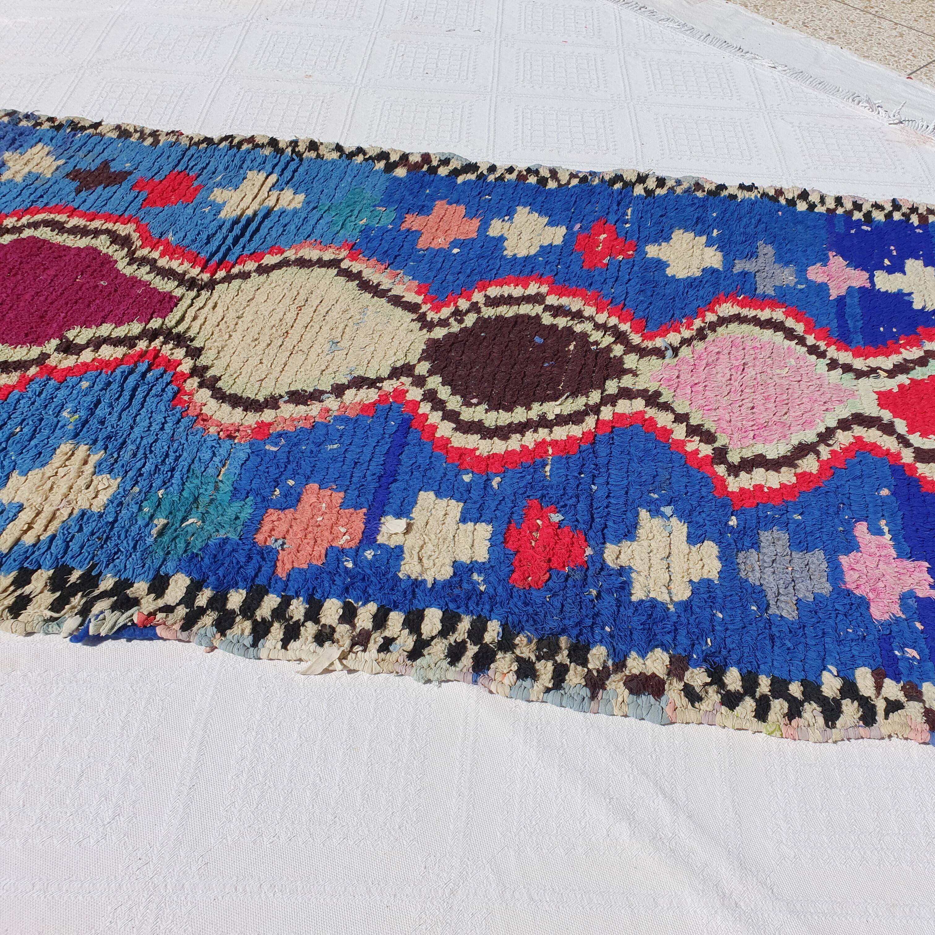 Moroccan blue Berber hallway rug hand-woven 250 x 80 cm