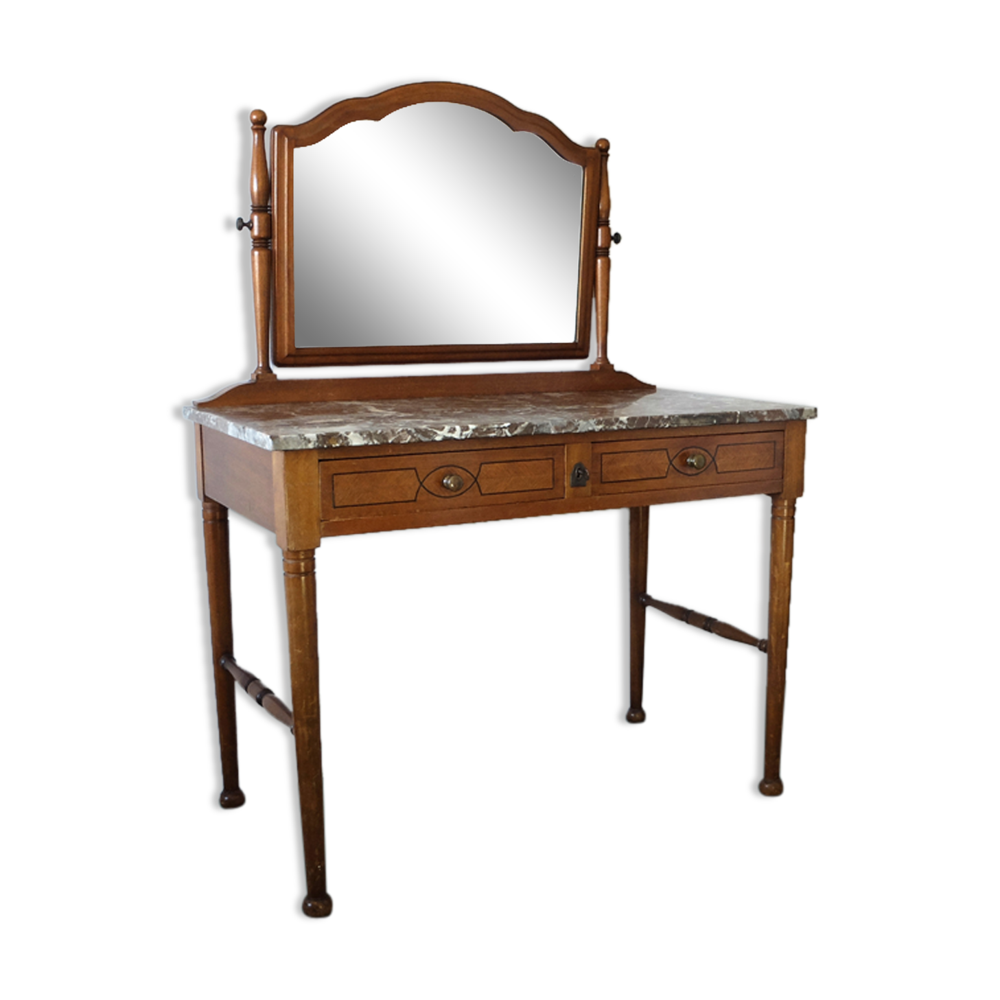 Belgian Art Deco dressing table with marquetry, red marble top, 1920-1930